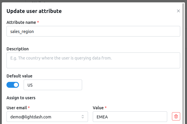 The edit panel for a user attribute, with default values set alongside the per-user assignments