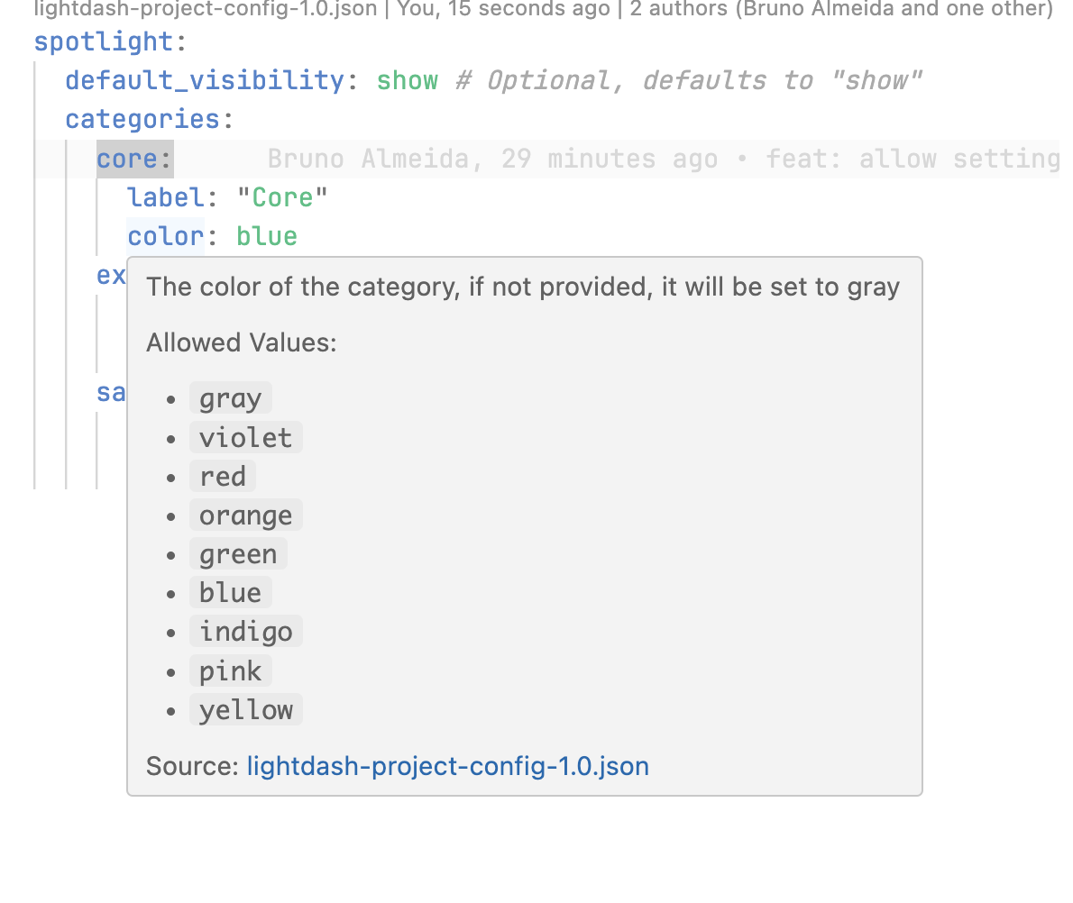A YAML file in VS Code with a red squiggle under an invalid key and a tooltip listing the allowed values
