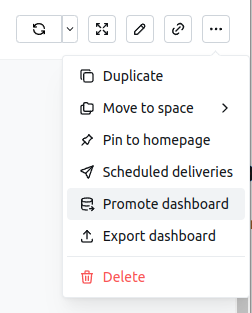 A dashboard in view mode with its three-dot menu open and Promote dashboard in the list