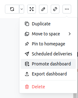 A dashboard in view mode with its three-dot menu open and Promote dashboard in the list