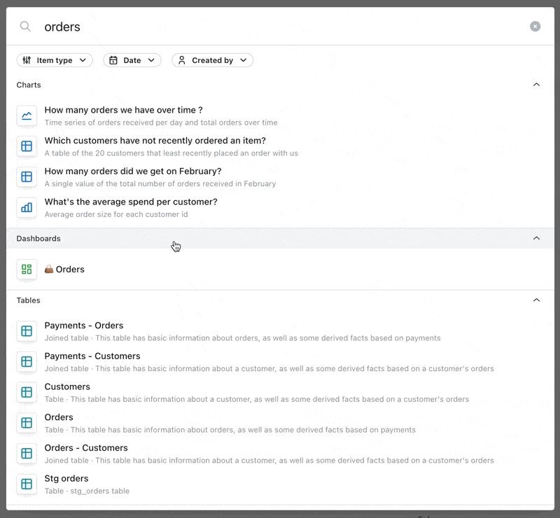 Search results grouped by content type