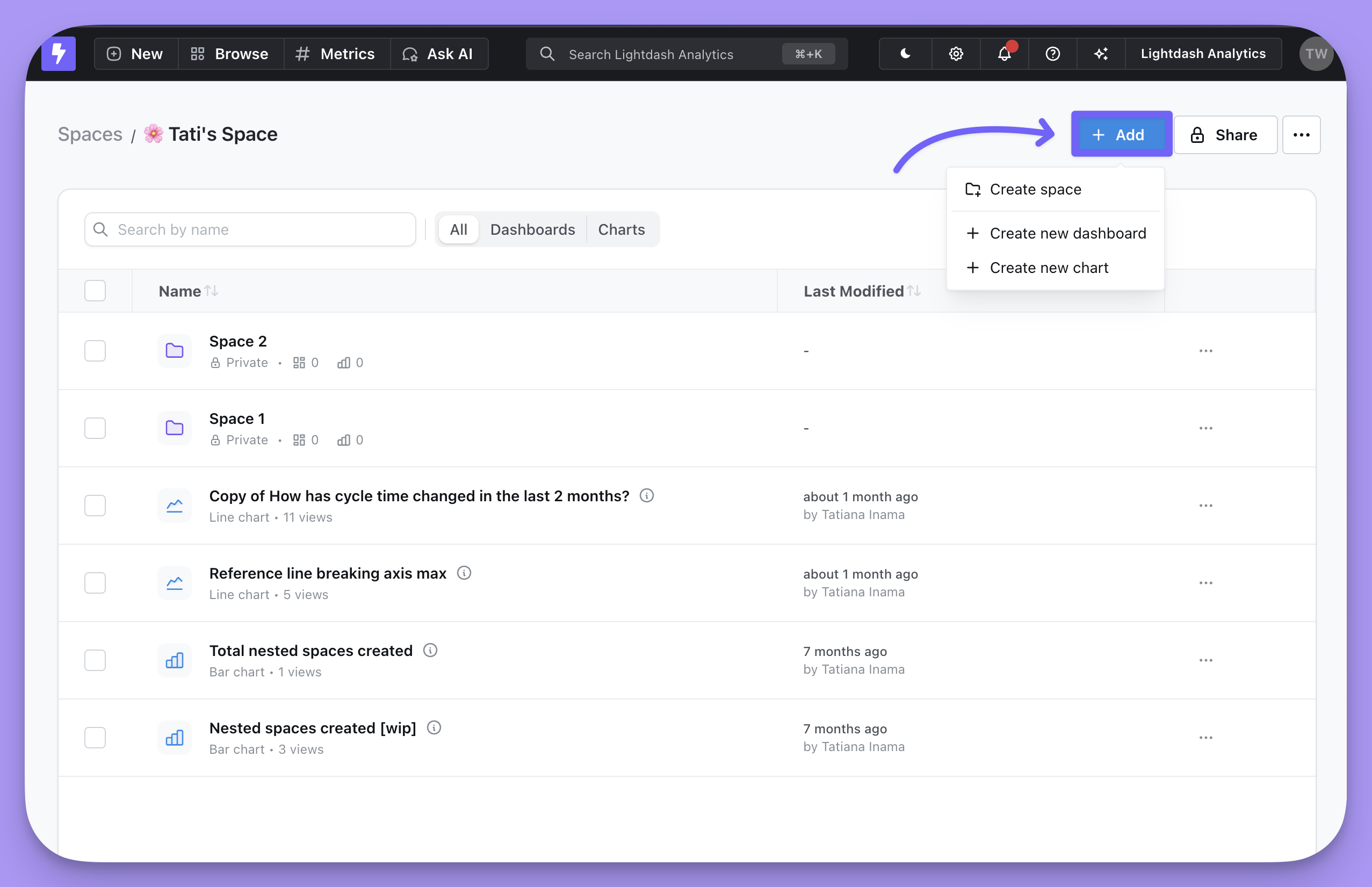 The Add button on a space page, offering to add existing charts and dashboards to that space