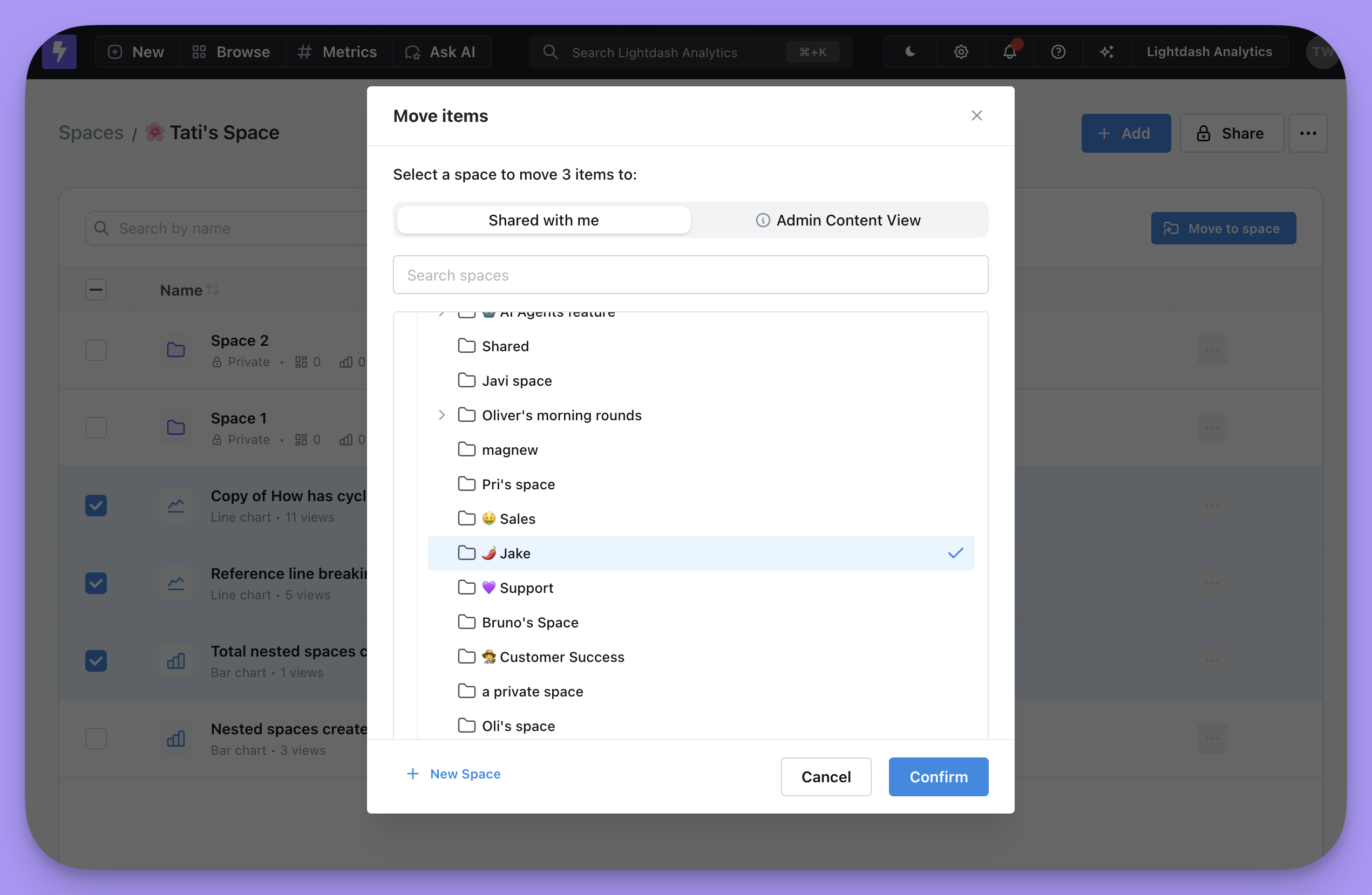 The Move to Space dialog with a picker for the destination space and the selected items listed