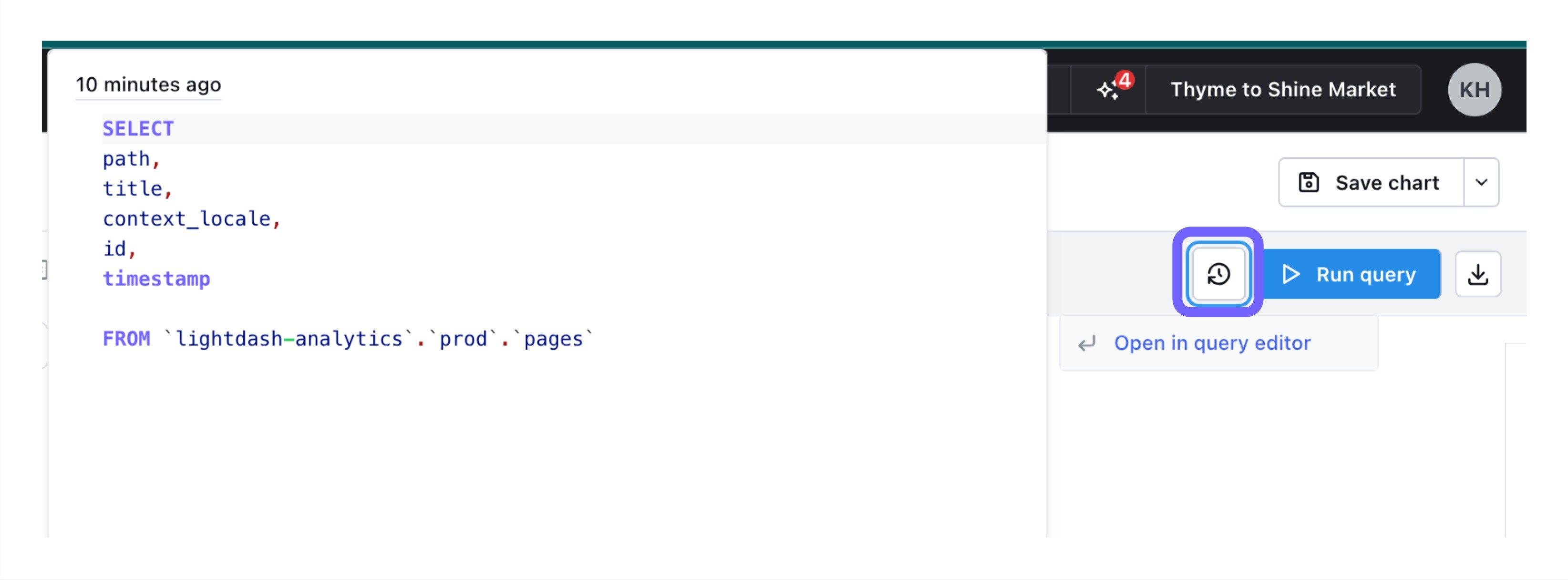 The SQL Query history panel listing the queries run in this session, opened from the button beside Run query