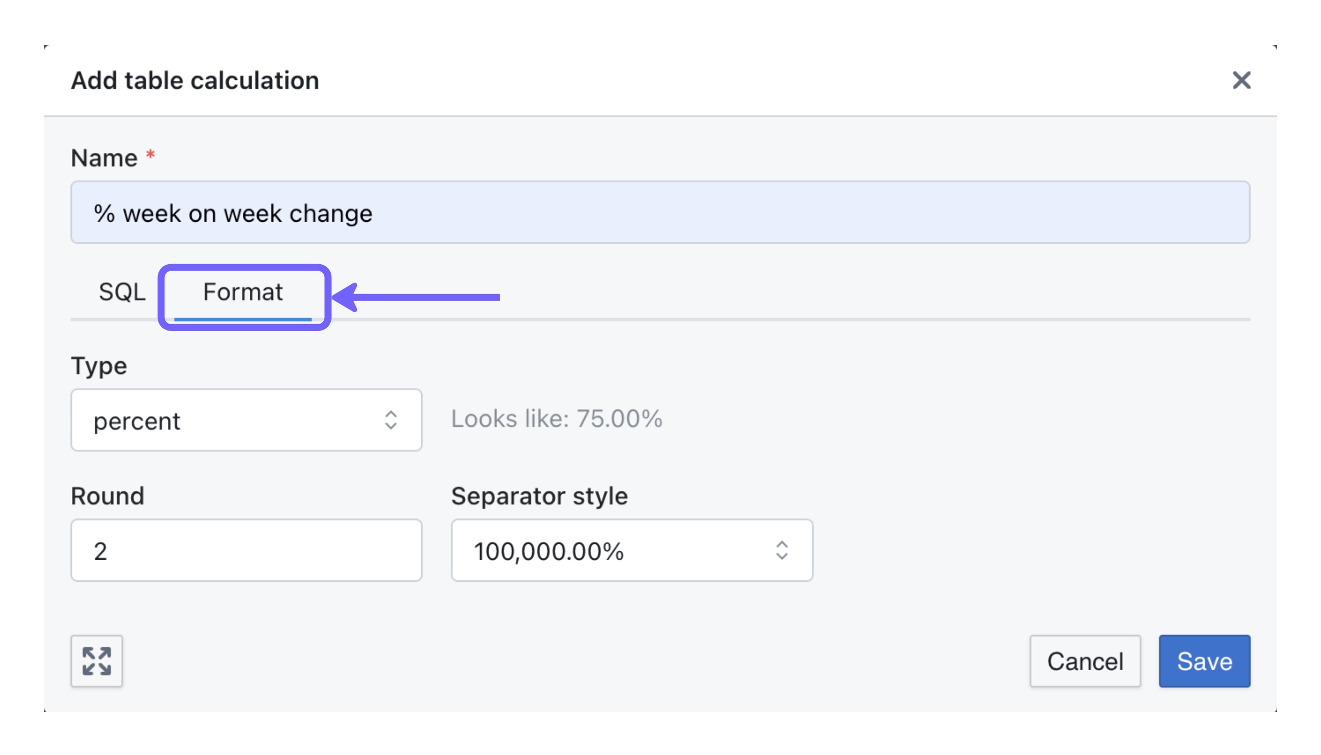The Format tab of the table calculation editor with the format set to percent