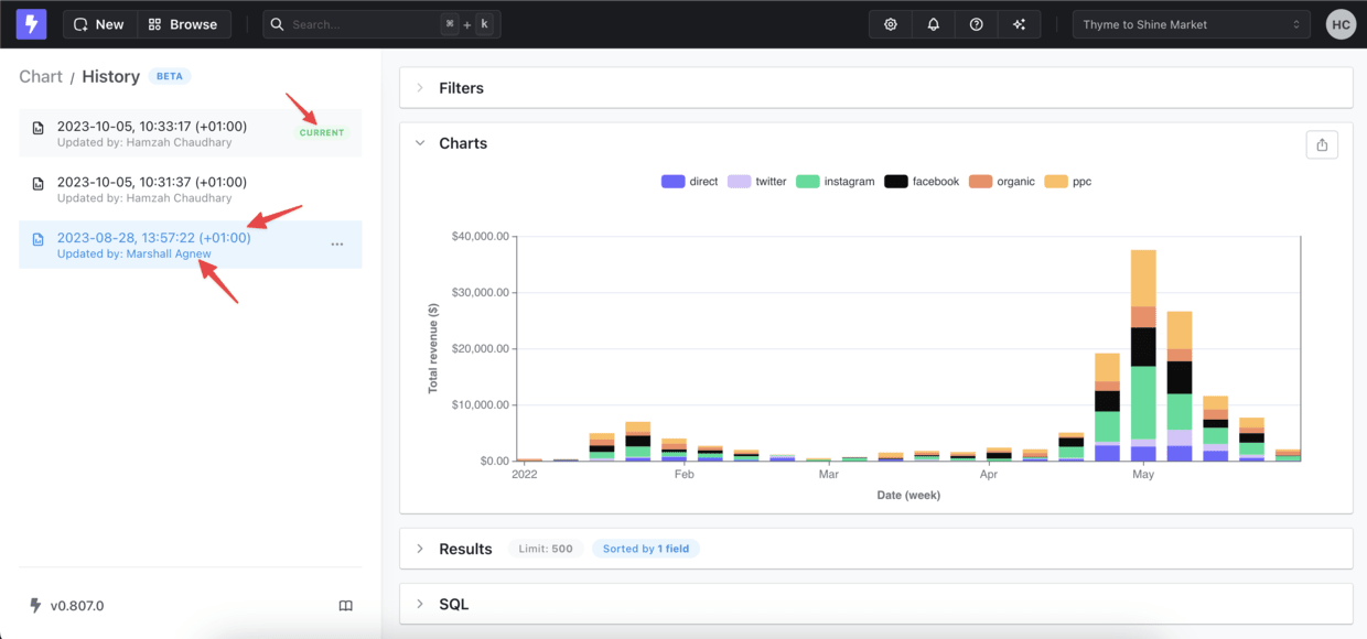 The version history view, listing each previous version with its author and update time beside a preview of the selected one