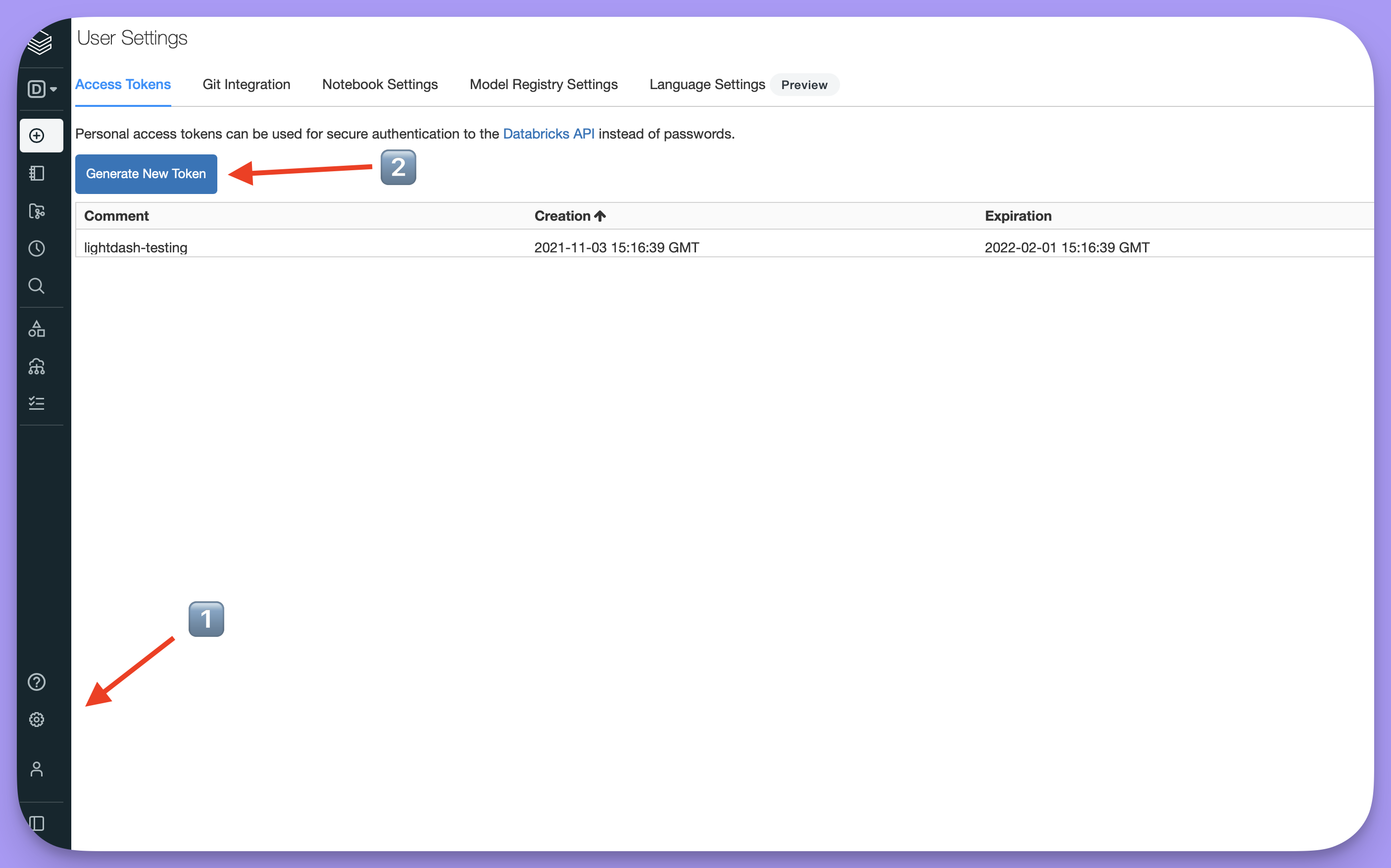 The Access Tokens tab of Databricks User Settings, with the Generate New Token button above the list of existing tokens