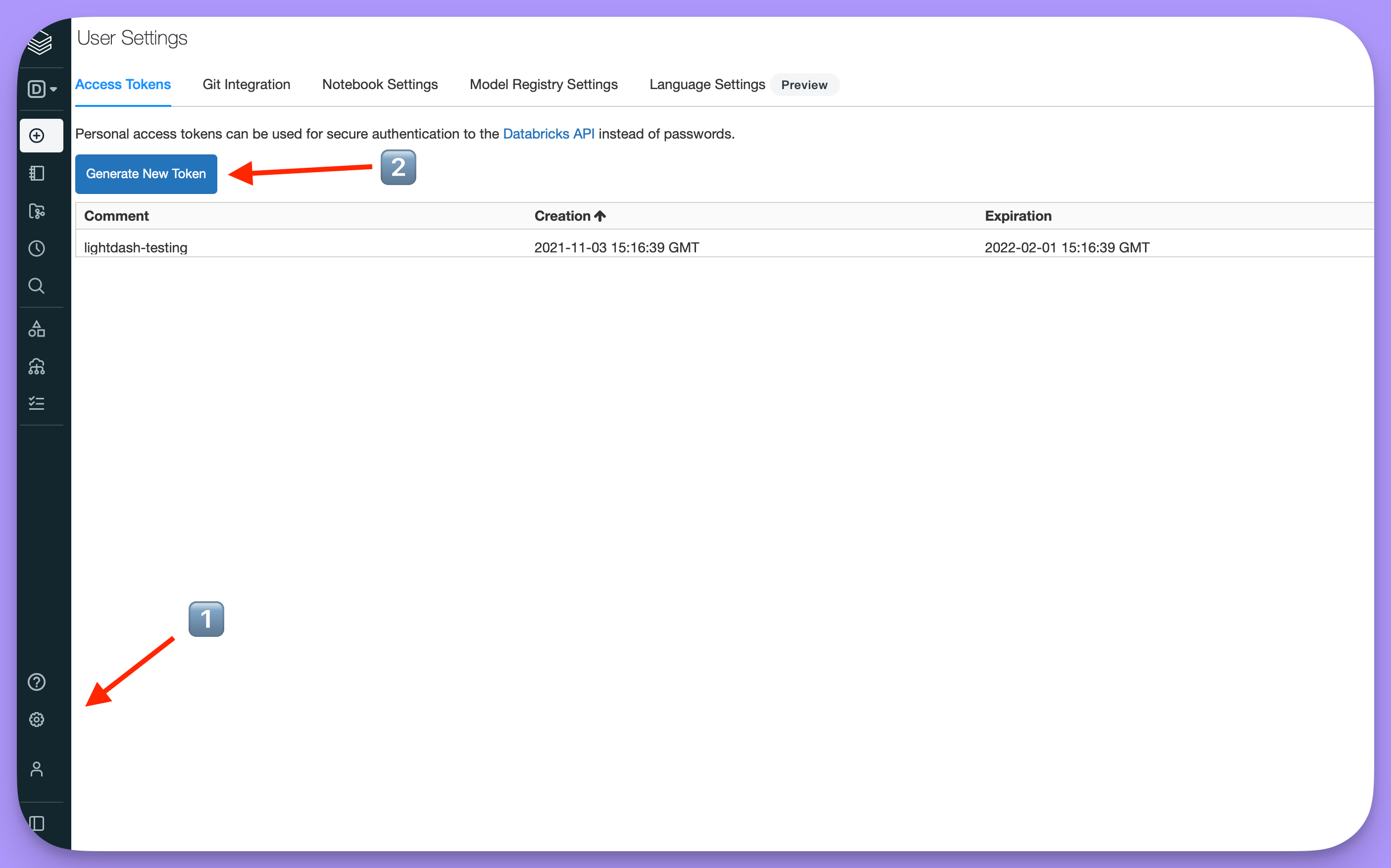 The Access Tokens tab of Databricks User Settings, with the Generate New Token button above the list of existing tokens