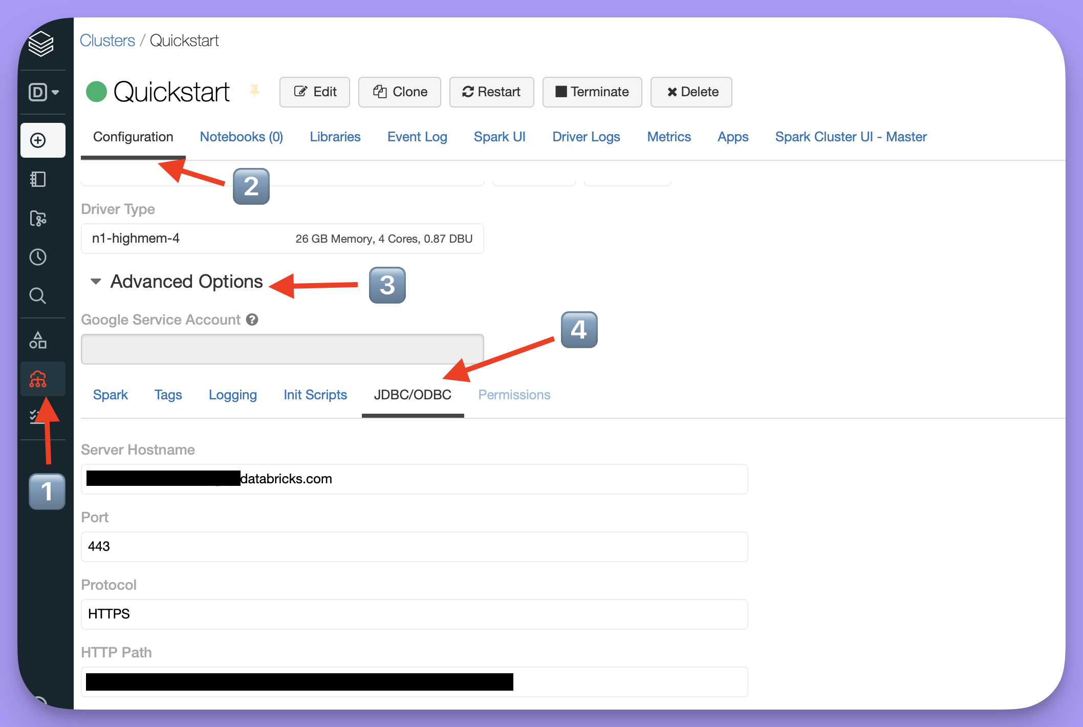A Databricks cluster Configuration tab with Advanced options expanded and the JDBC/ODBC tab open, showing server hostname, port, and HTTP path