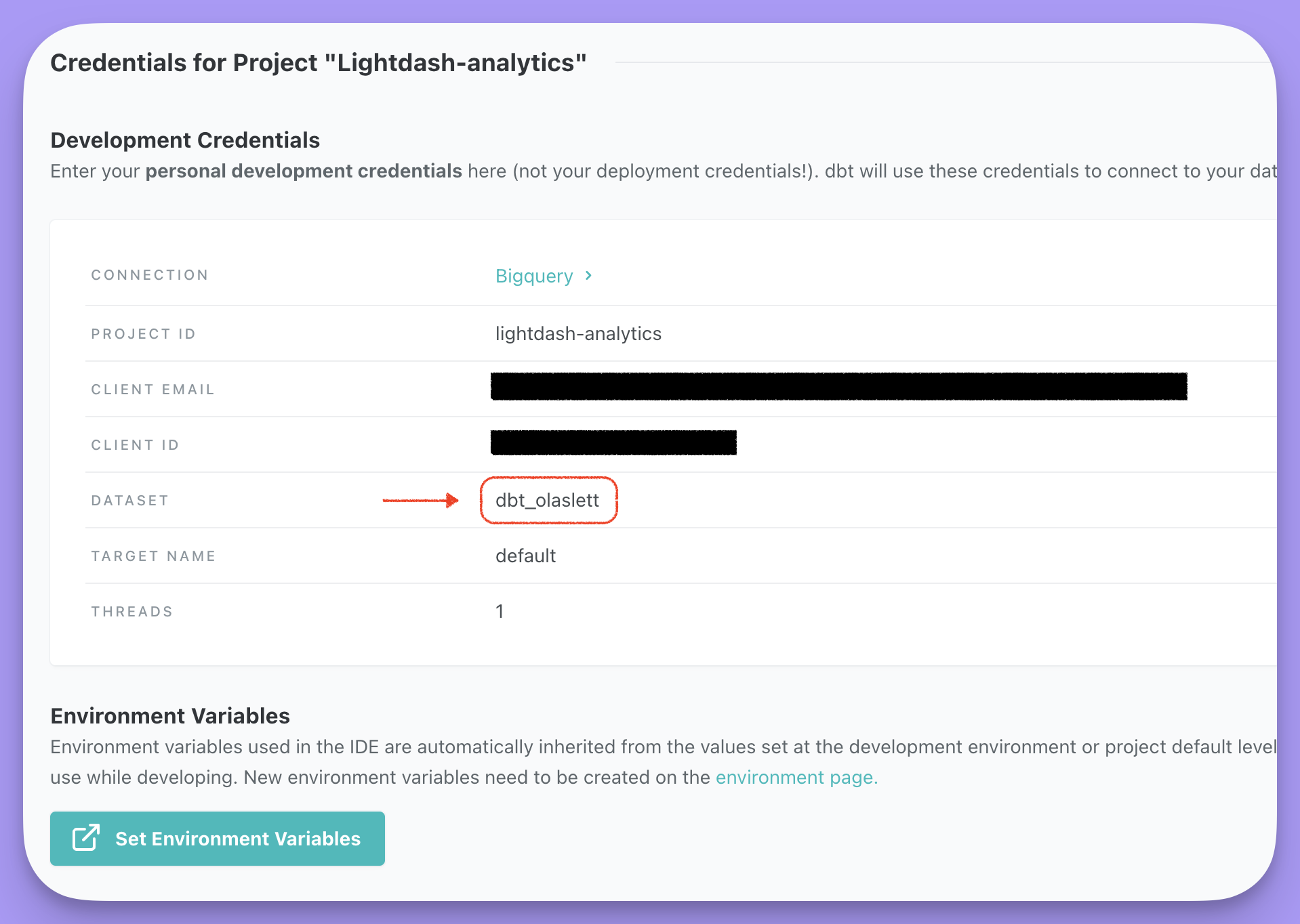 dbt Cloud development credentials for a project, with the Dataset row circled