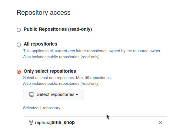 The GitHub Repository access options with "Only select repositories" chosen and one dbt repository selected