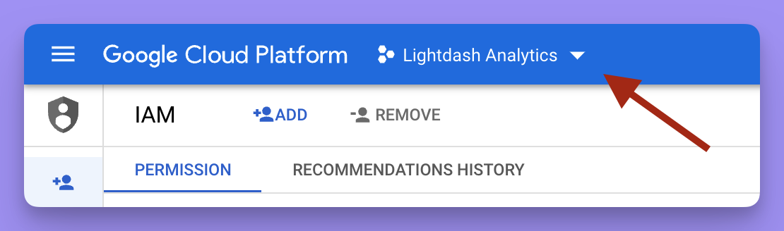 The Google Cloud Platform header bar with the project name dropdown beside the logo called out