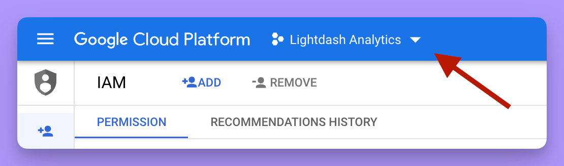 The Google Cloud Platform header bar with the project name dropdown beside the logo called out