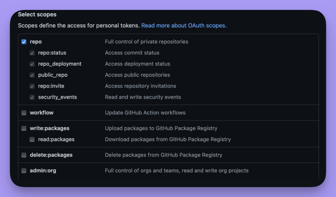 The GitHub token scope picker with the repo scope ticked and its sub-scopes selected