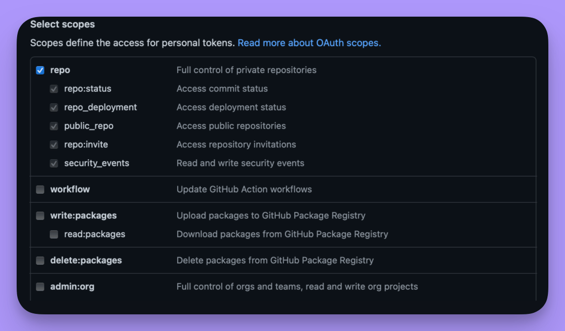 The GitHub token scope picker with the repo scope ticked and its sub-scopes selected