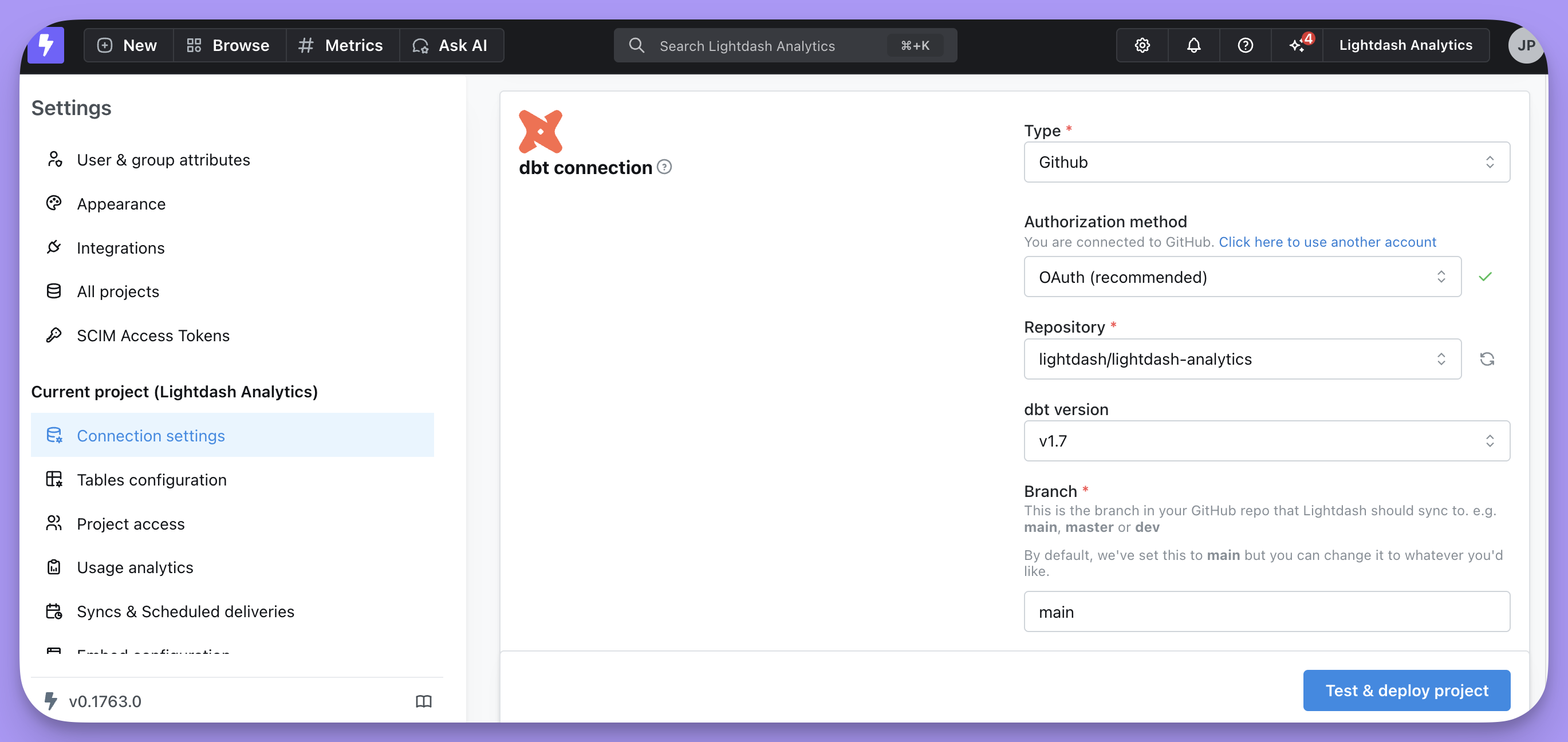 The dbt connection section of Lightdash project settings, with type GitHub, OAuth authorization, and repository, dbt version, and branch fields