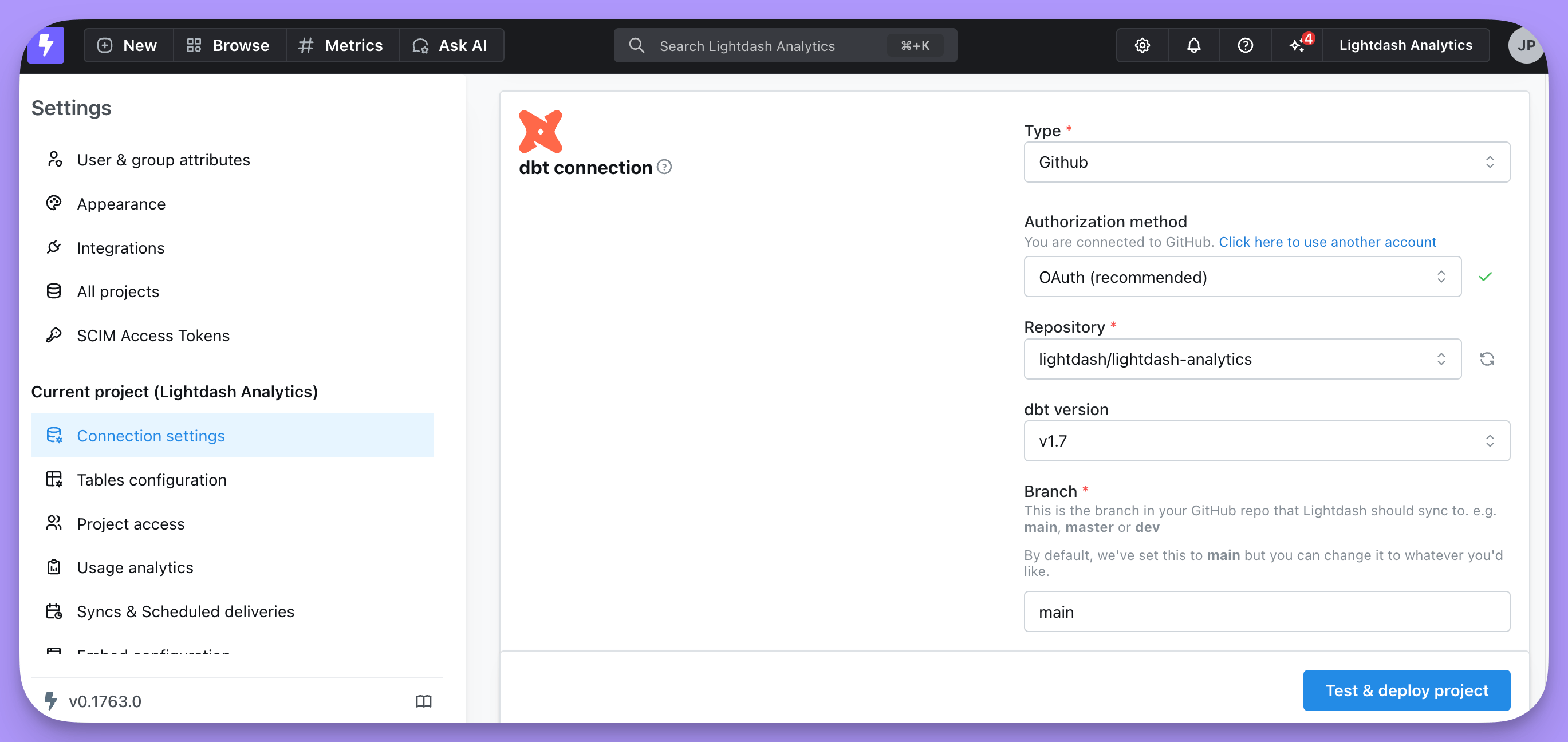 The dbt connection section of Lightdash project settings, with type GitHub, OAuth authorization, and repository, dbt version, and branch fields