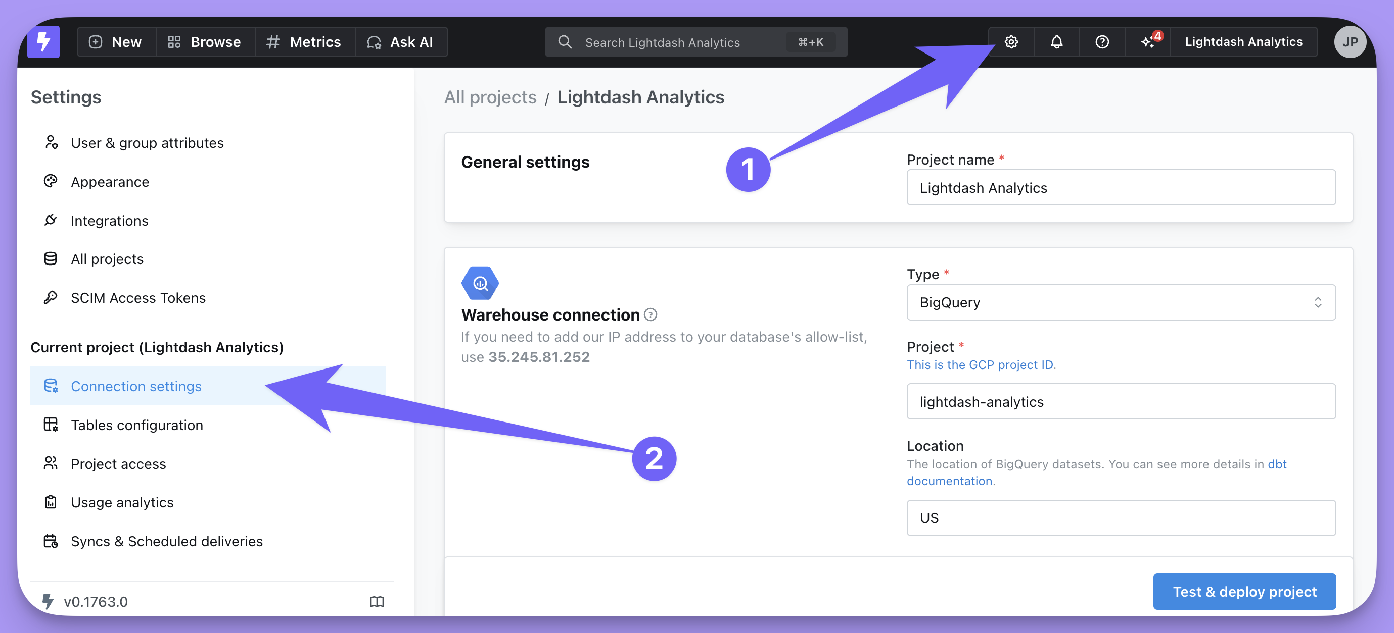 Lightdash project settings, opened from the gear icon, with Connection settings selected and the warehouse connection form on the right