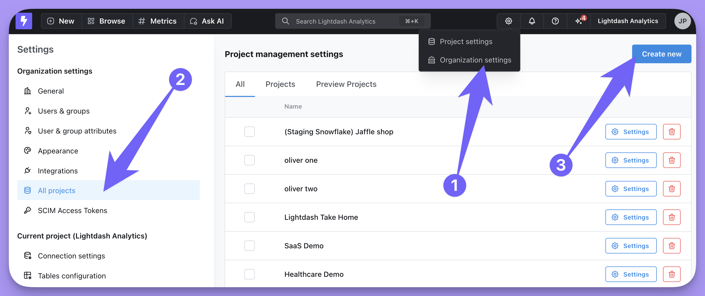 The Project management settings page under Organization settings, with the Create new button at the top right