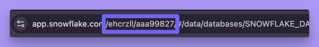 A Snowflake browser URL with the organization and account IDs in the path highlighted