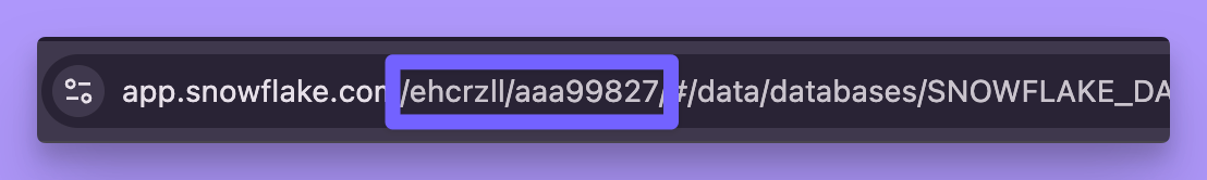 A Snowflake browser URL with the organization and account IDs in the path highlighted