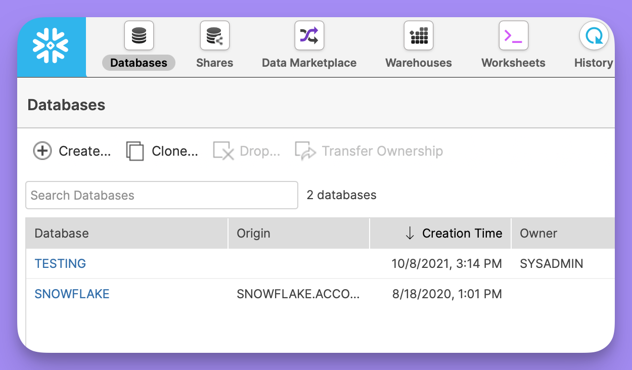 The Databases page of the Snowflake console listing the available databases and their owners