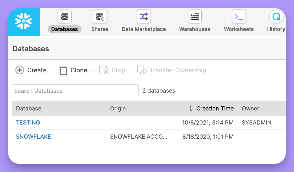 The Databases page of the Snowflake console listing the available databases and their owners