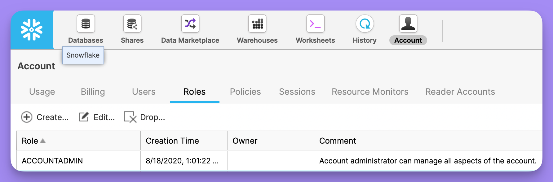 The Roles tab of the Snowflake console Account page, listing roles such as ACCOUNTADMIN with their descriptions
