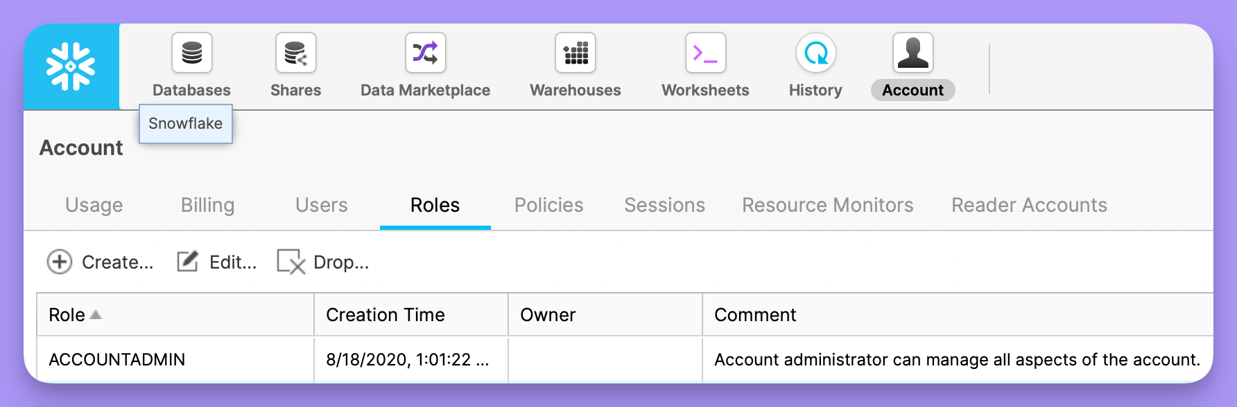 The Roles tab of the Snowflake console Account page, listing roles such as ACCOUNTADMIN with their descriptions
