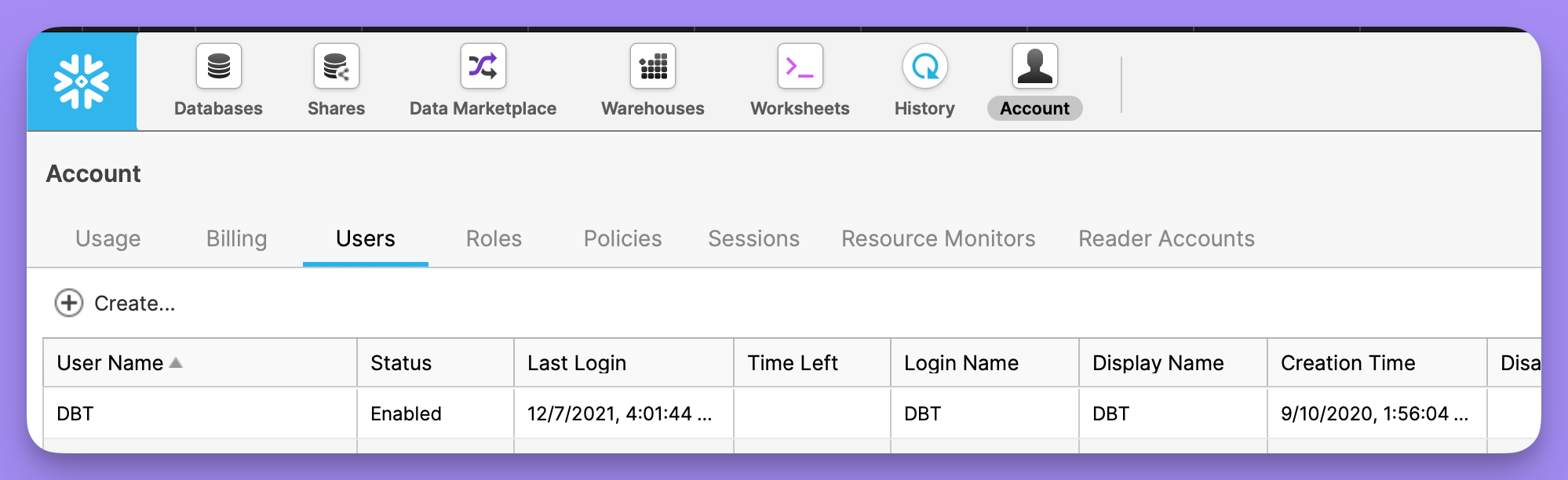 The Users tab of the Snowflake console Account page, listing each user's login name and status