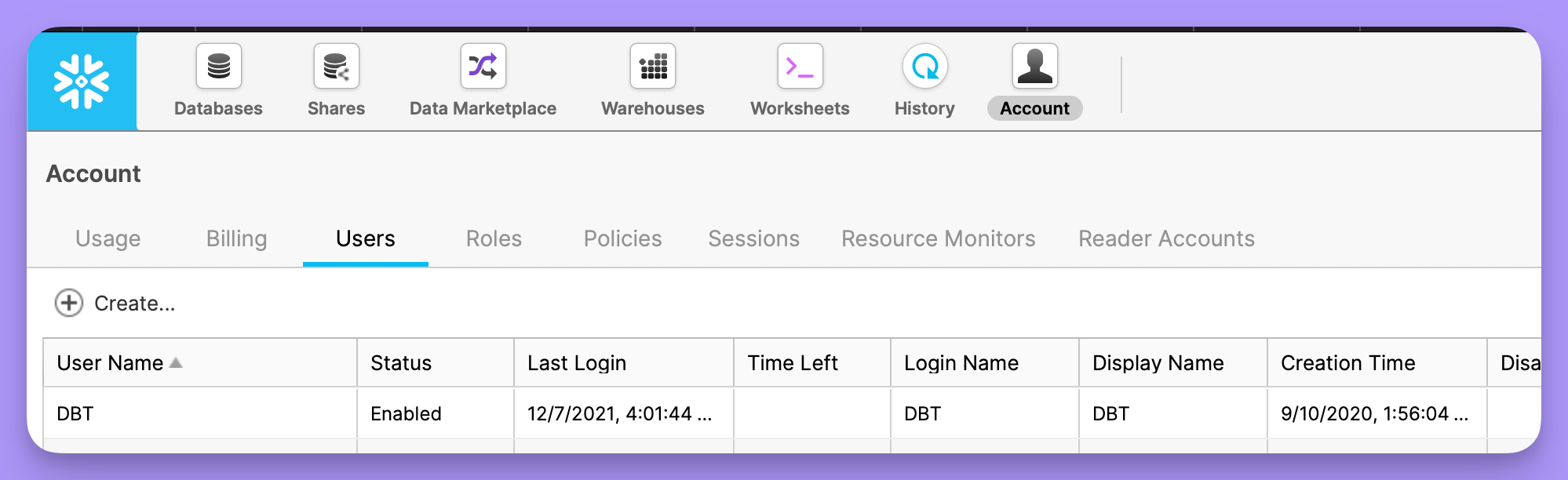 The Users tab of the Snowflake console Account page, listing each user's login name and status