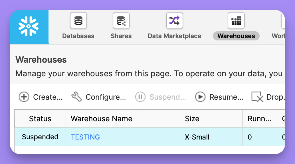 The Warehouses page of the Snowflake console listing each warehouse with its status and size