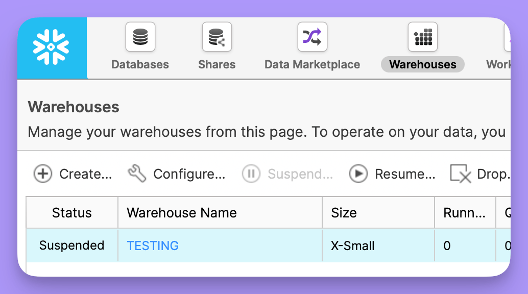 The Warehouses page of the Snowflake console listing each warehouse with its status and size