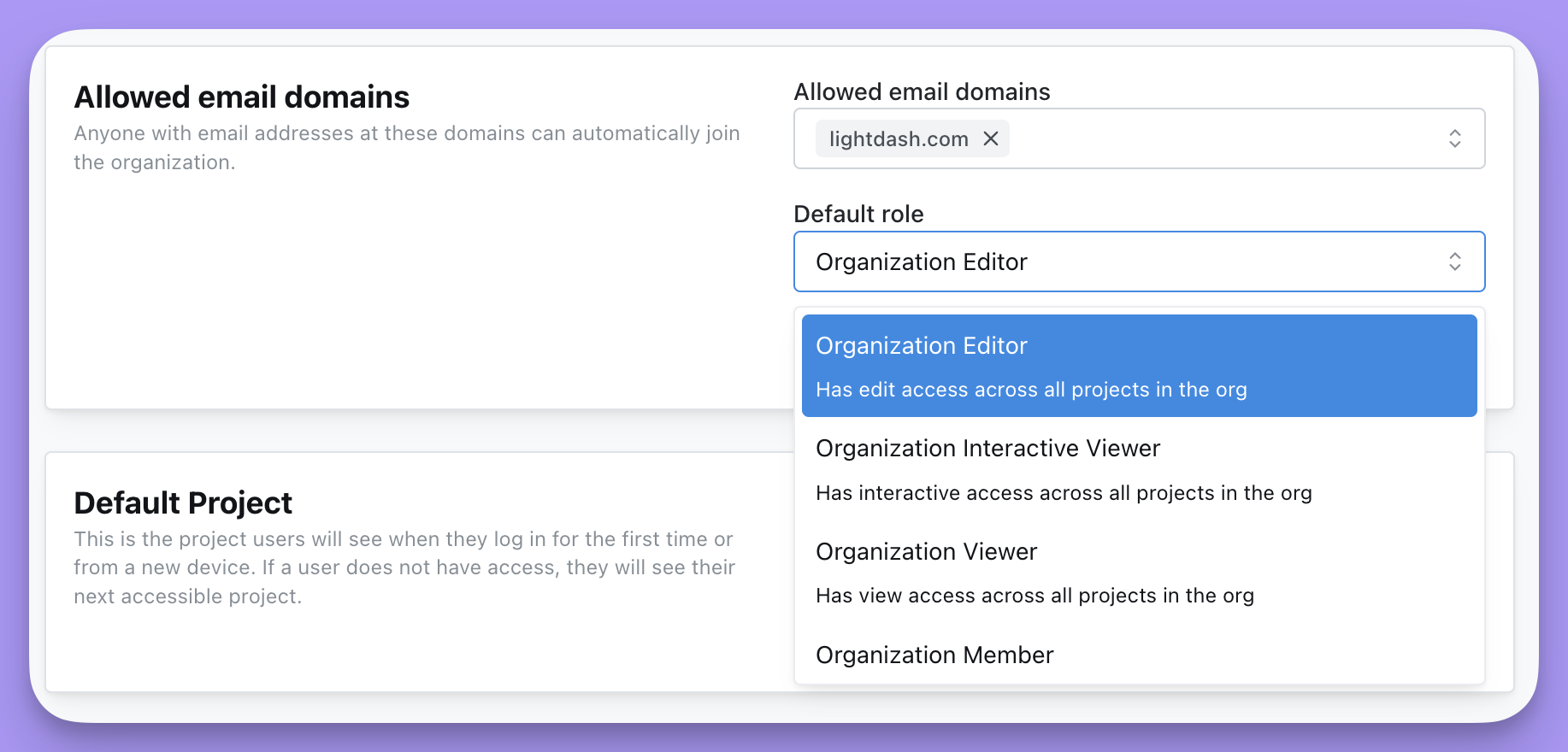 The Allowed email domains panel with lightdash.com entered and a default organization role selected