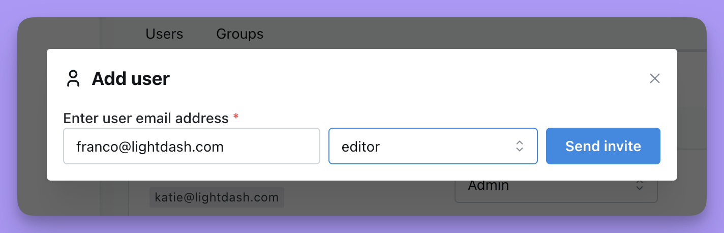 The Add user dialog with an email address entered, the role set to editor, and a Send invite button