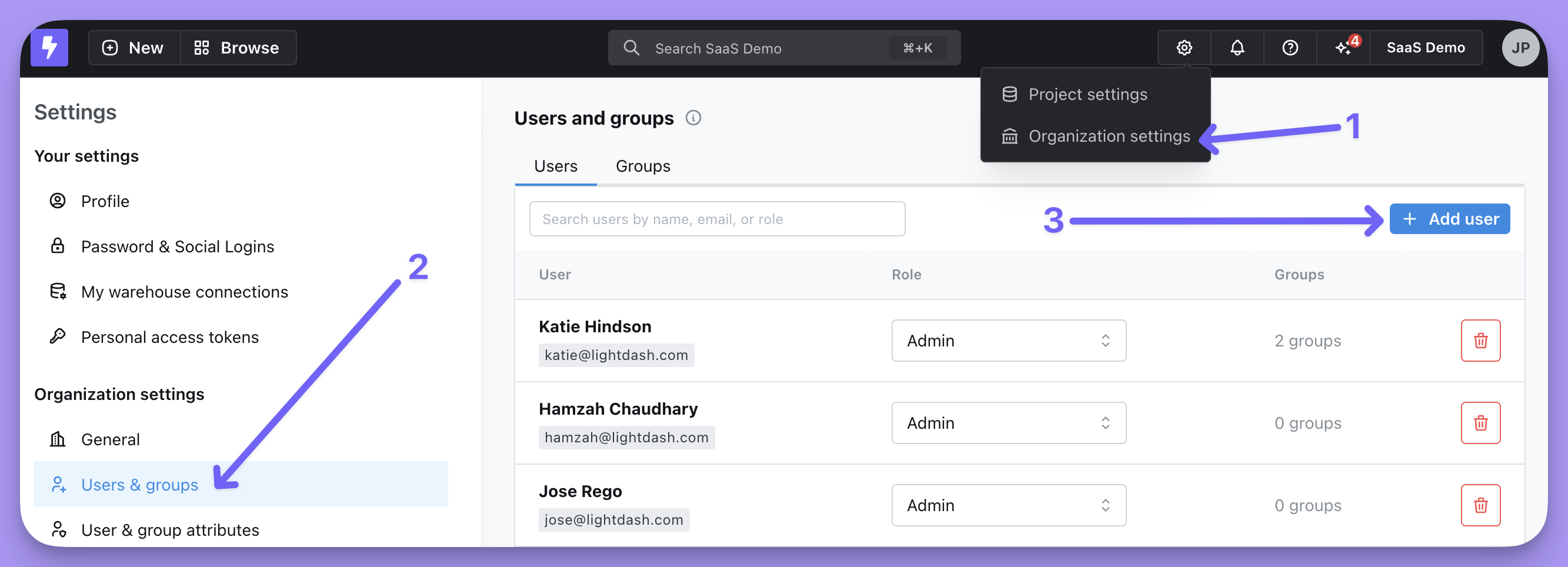 The Users and groups page in Organization settings, with the Add user button highlighted above the list of users and their roles