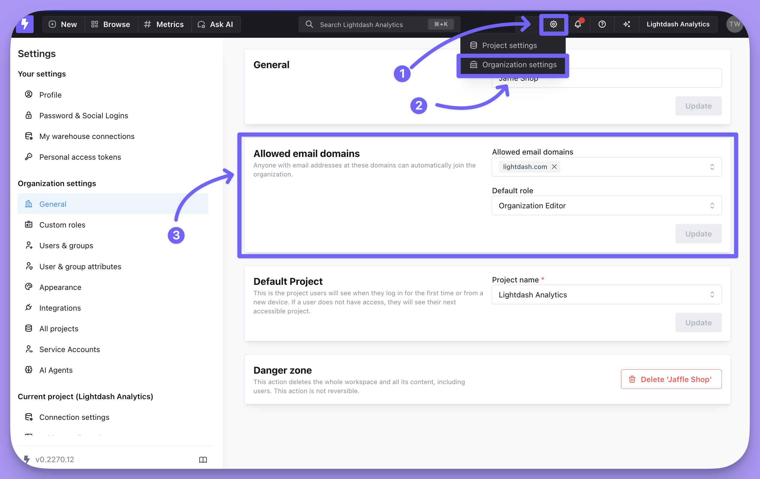 The General page of Organization settings, reached from the gear menu, with the Allowed email domains panel highlighted
