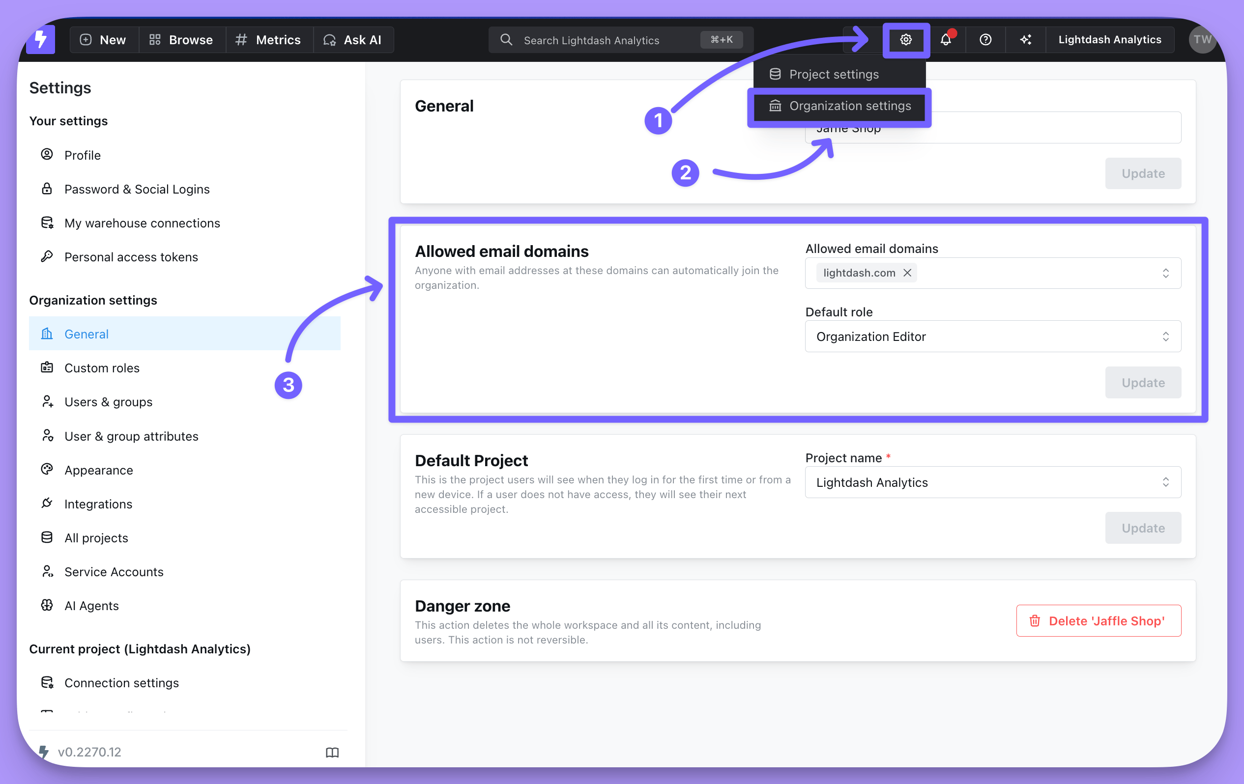 The General page of Organization settings, reached from the gear menu, with the Allowed email domains panel highlighted