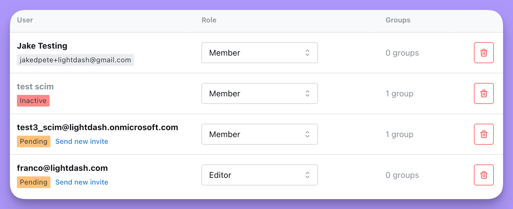 A user list where two rows carry a Pending badge and a Send new invite link beside the invited email address