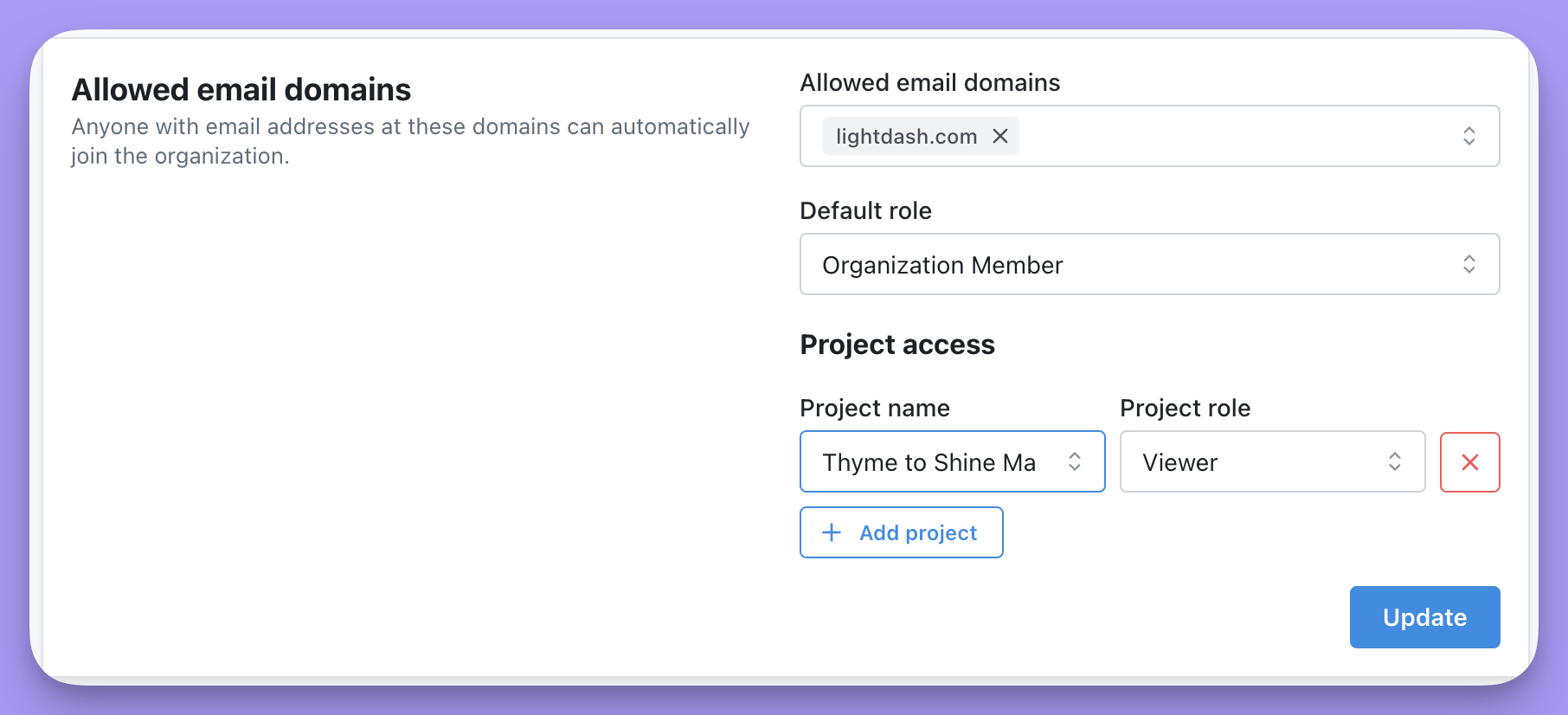 Default role set to Organization member, with a per-project access row added below it