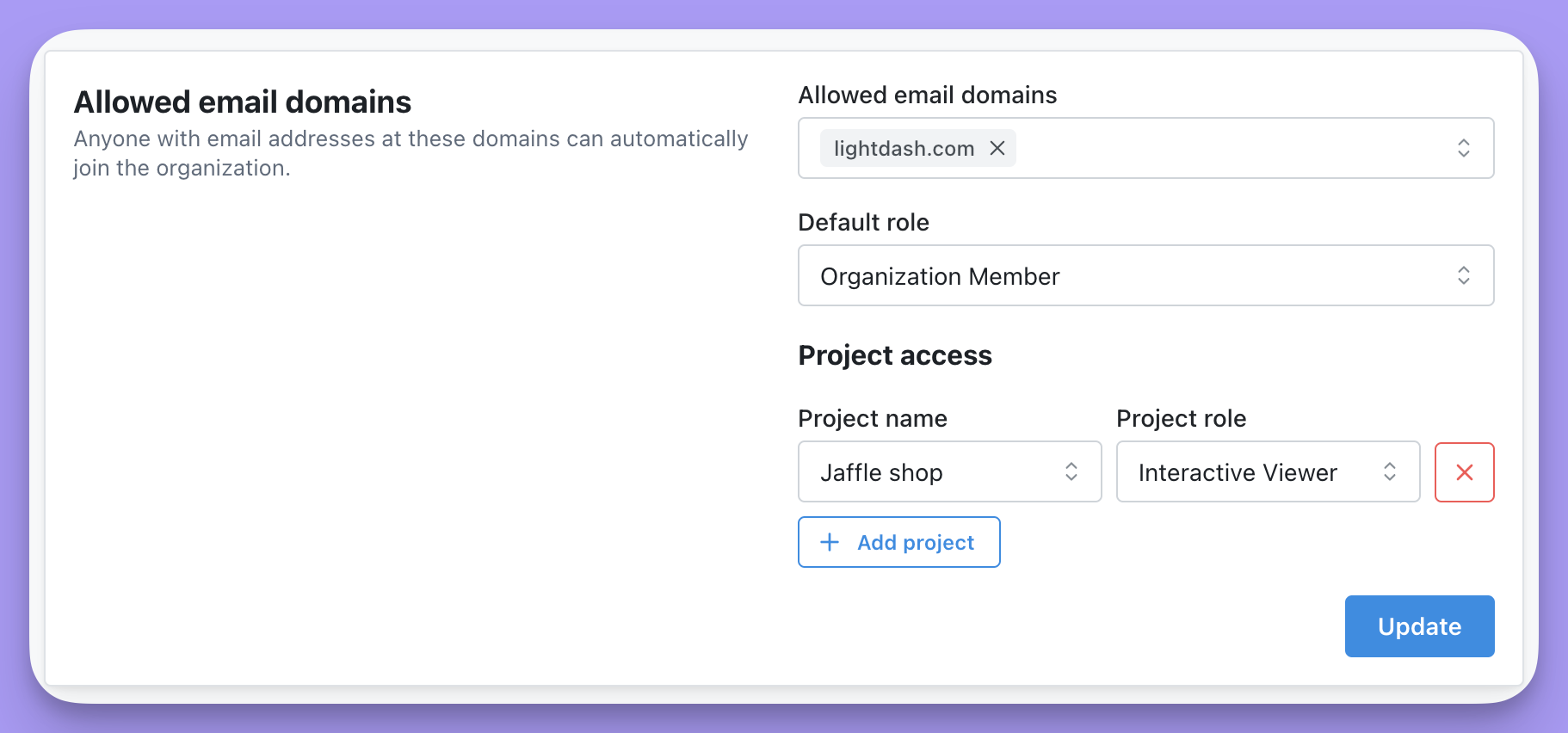 The completed allowed email domains form with its Update button ready to save