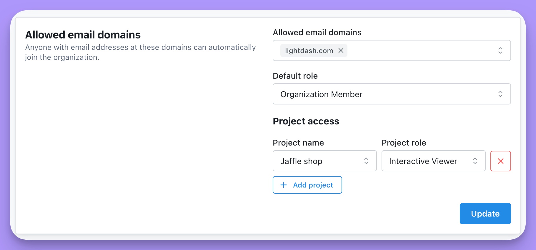 The completed allowed email domains form with its Update button ready to save