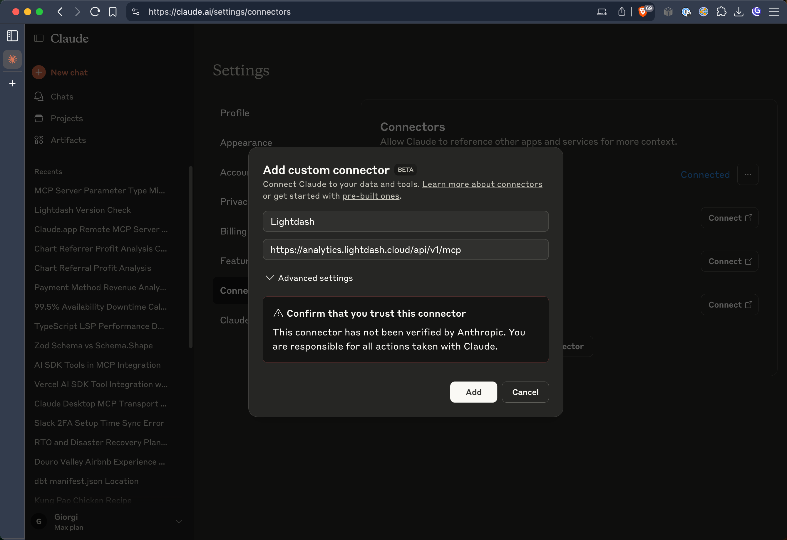 Enter Lightdash as the name and your instance MCP URL in the configuration form