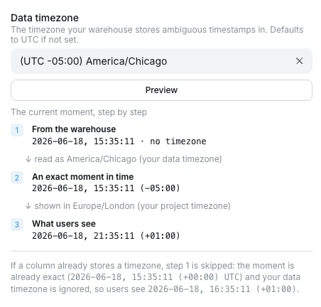 Data timezone preview showing the raw, interpreted, and rendered values