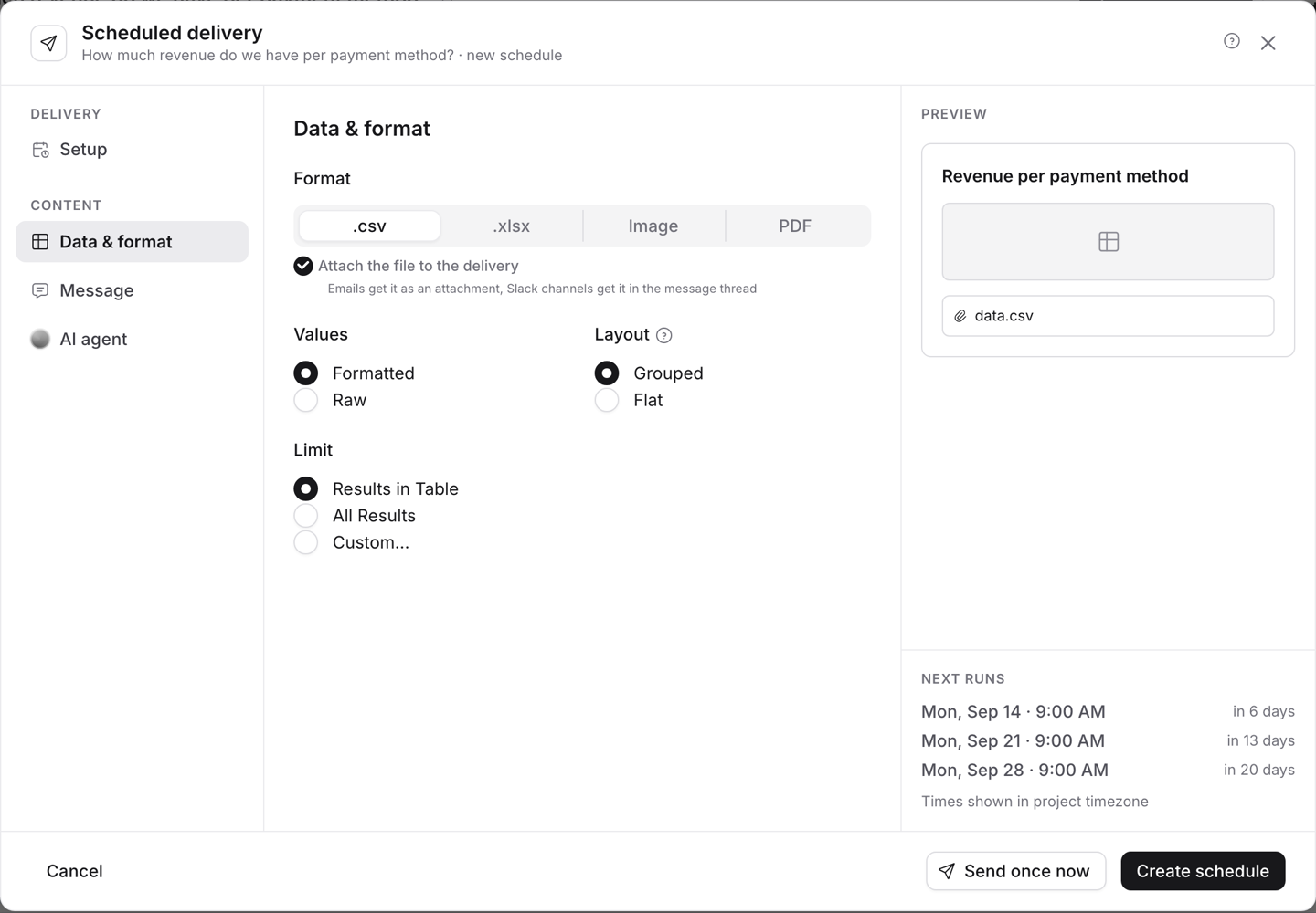 The Data & format panel with CSV selected and the Attach the file to the delivery checkbox ticked, with a data.csv chip in the preview