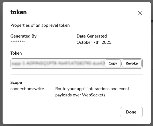 Copy the generated app-level token