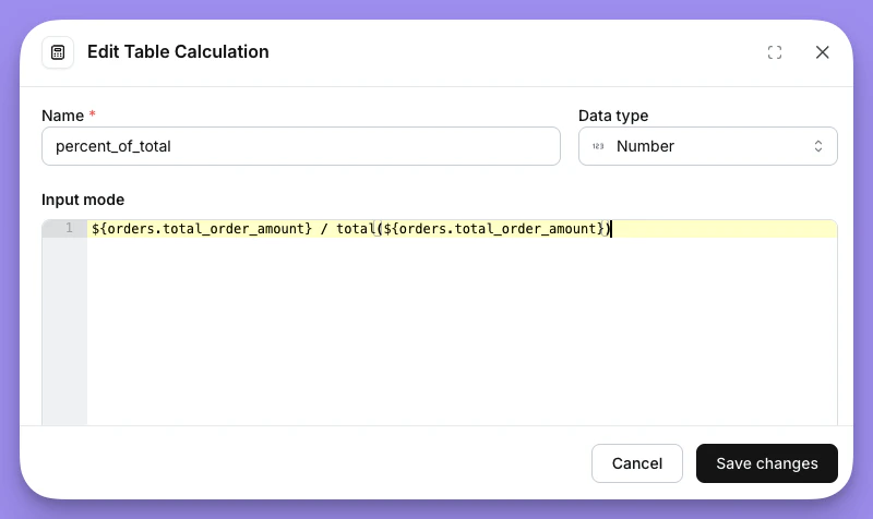 Edit Table Calculation dialog with a percent_of_total formula using total()