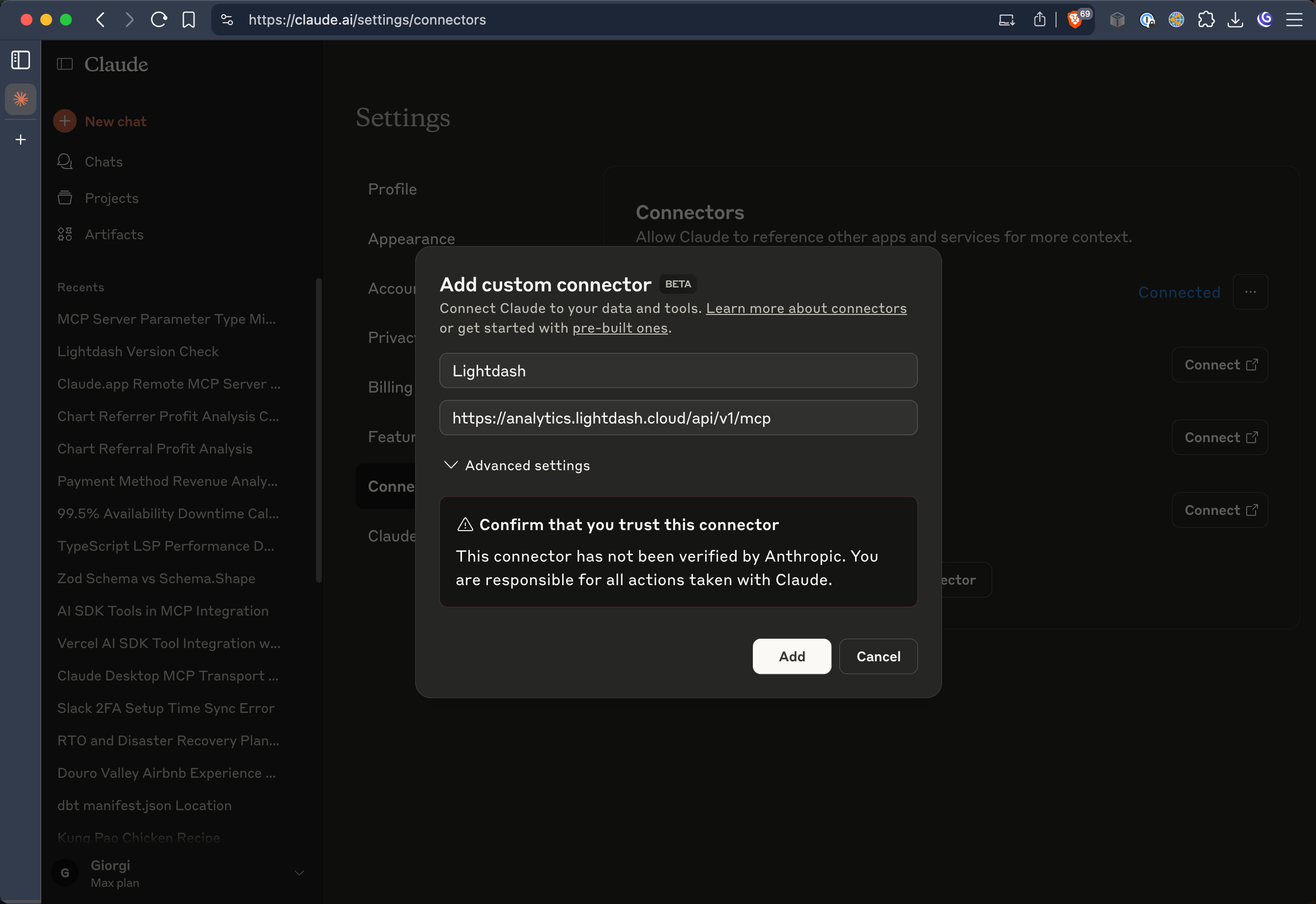 Enter Lightdash as the name and your instance MCP URL in the configuration form