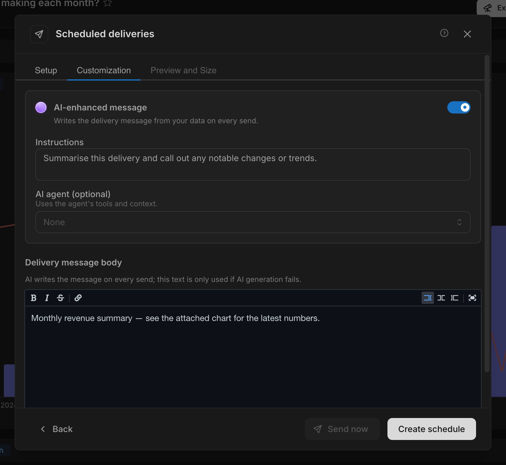 AI-enhanced message toggle with Instructions and AI agent fields on the Customization tab
