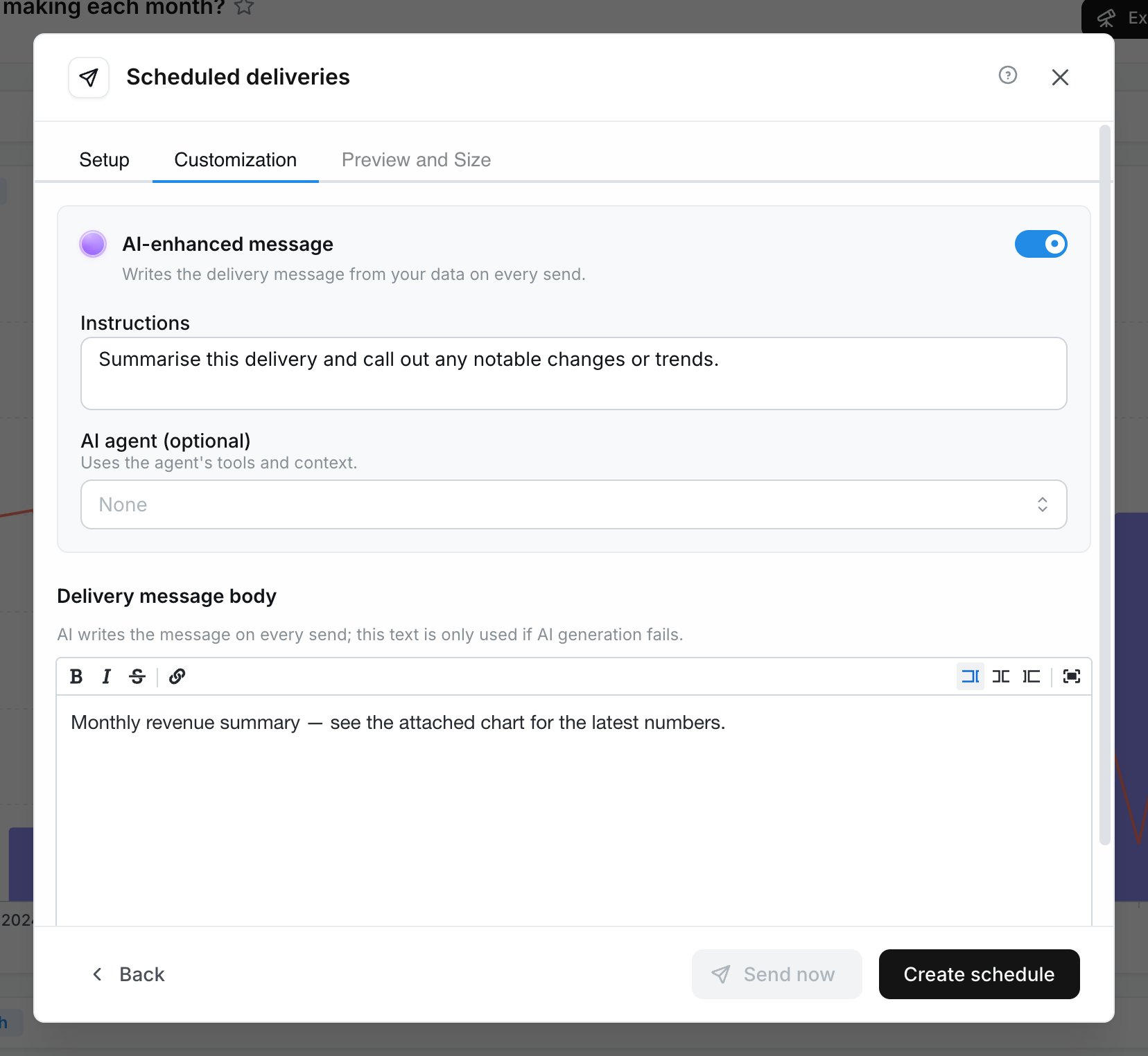 AI-enhanced message toggle with Instructions and AI agent fields on the Customization tab